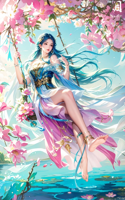 masterpiece,best quality,official art,unity 8k wallpaper,Brilliant colors,exaggerated art,
1girl,solo,bracelet,flower,long hair,water,dress,barefoot,anklet,hair,bare legs,jewelry,feet,branch,(swing:1.3),flower,hair ornament,blue sky,full body,solo,sky,fish,soles,sitting,splashing,bird,toes,lotus leaves,lotus flowers,
