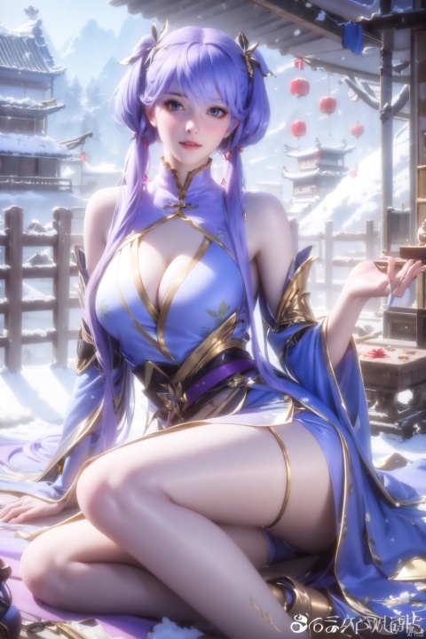 ((4k,masterpiece,best quality)),Realism,photography, Purple hair, 
1girl, solo, long hair, breasts, looking at viewer, bangs, large breasts, hair ornament, dress, cleavage, twintails, sitting, closed mouth, underwear, panties, outdoors, detached sleeves, day, lips, clothing cutout, bare legs, chinese clothes, pantyshot, cleavage cutout, snow,