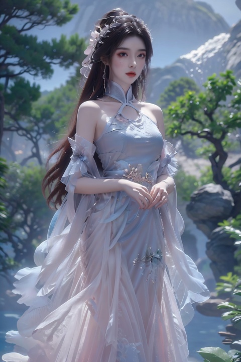  ((4k,masterpiece,best quality)),shuimobysim,traditional chinese ink painting,lotus,hanfu,maxiskit,dress conservatively ,chinese clothes,closed mouth, 1 girl ,solo,yuechan ,bare shoulders,jewelry, eyelashes,eyeshadow,mole , mole under eye,ruhua,perfect female bodyskirt,Hanfu,mountain,forest,bird,cloud,looking at the audience,whole body,standing on the water,forest,perfect female figure,ruhua, yuechan