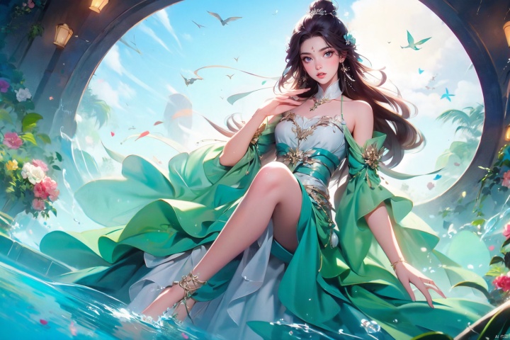  ((4k,masterpiece,best quality)), 
1 girl ,solo,yuechan ,bare shoulders,jewelry, eyelashes,eyeshadow,（mole , mole under eye:1.5),
ruomeng135,  bird, letterboxed,  seagull, flower, dove, animal, barefoot, long hair, rose, water, jewelry, anklet, blue rose, blue flower, day, dress