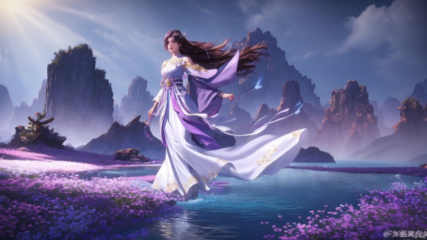 masterpiece,best quality,official art,unity 8k wallpaper,Brilliant colors,exaggerated art,
1girl,solo,bracelet,flower,long purple_hair,purple dress,otus, hair ornament, bare legs, sky, jewelry, lily pad, bug, flower, mountain, solo, sitting, water, blue sky, butterfly, brown hair, chinese clothes, purple hair, 