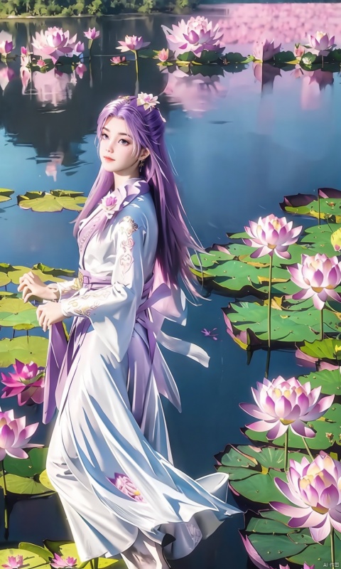 masterpiece,best quality,official art,unity 8k wallpaper,Brilliant colors,exaggerated art, 1girl,solo,,long purple_hair,purple dress, lotus, , dress, flower, water, leaf,Stand,looking-at-viewer,,(Holding a lotus flower:1.5), , sd_mai, youcai