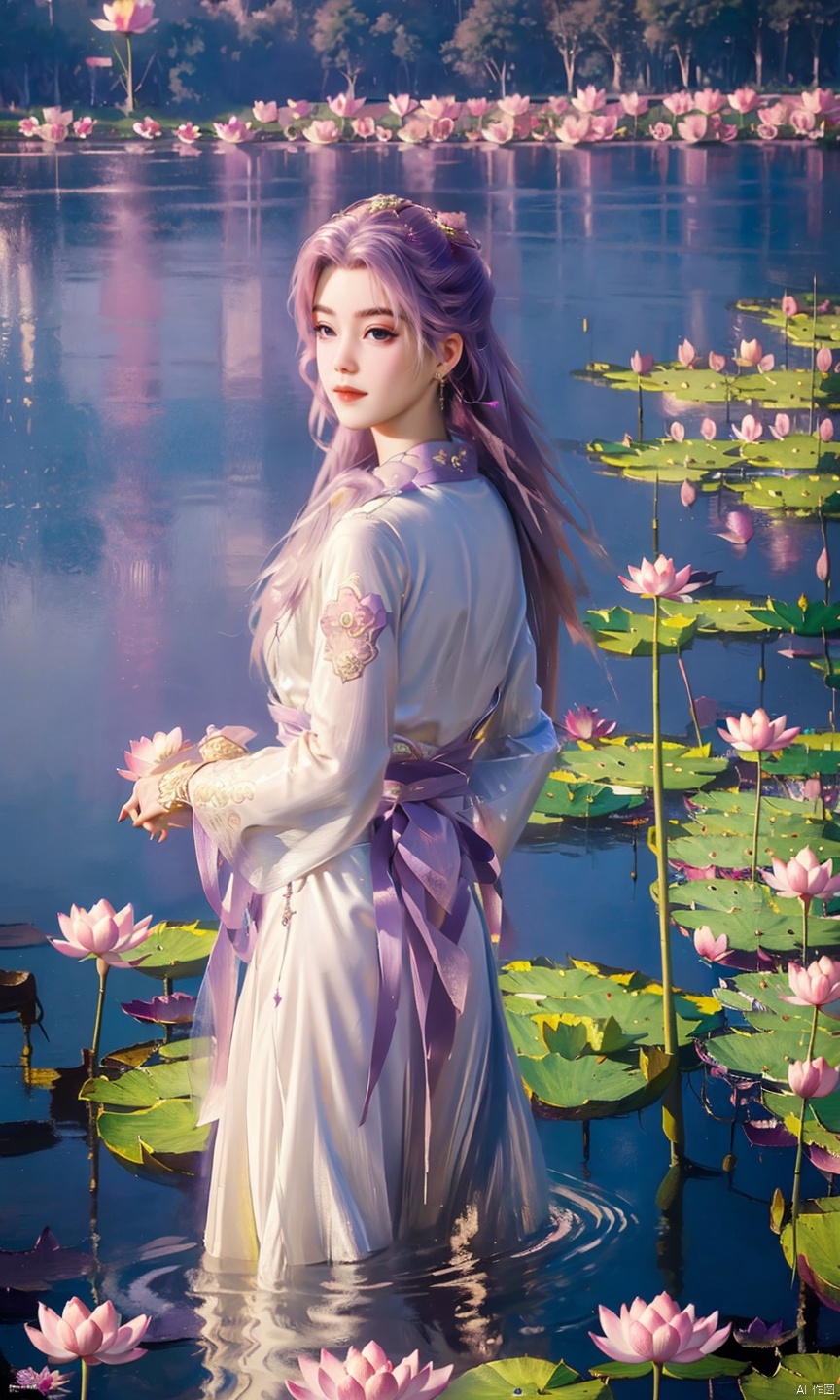 masterpiece,best quality,official art,unity 8k wallpaper,Brilliant colors,exaggerated art, 1girl,solo,,long purple_hair,purple dress, lotus, , dress, flower, water, leaf,Stand,looking-at-viewer,,(Holding a lotus flower:1.5), , sd_mai, youcai, meiren-red lips