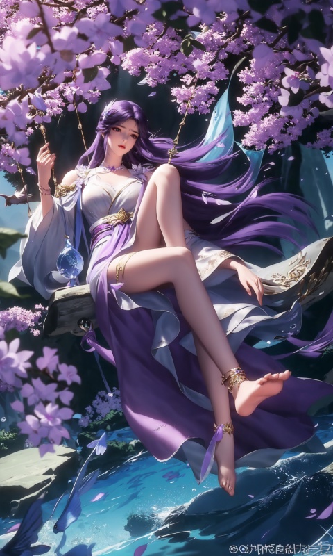 ((4k,masterpiece,best quality)),Realism,photography, Purple hair, 
1girl, purple hair, long hair, solo, water, dress, barefoot, anklet, , bare legs, jewelry, feet, branch, swing, flower, hair ornament, blue sky, full body, solo, sky, , fish, soles, sitting, splashing, bird, toes, 
