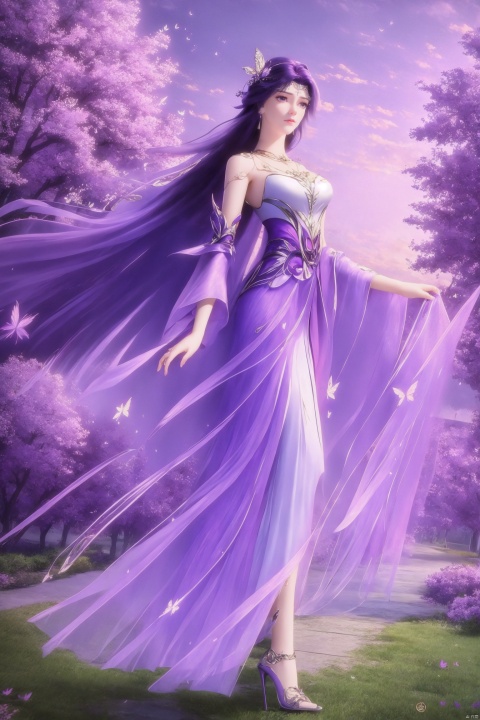 masterpiece,best quality,official art,unity 8k wallpaper,Brilliant colors,exaggerated art,
1girl,solo,long hair ,purple hair,purple dress,dress,Medium chest, full body, frontal, high heels,Blue sky and white clouds, branches, butterflies, flowers, flowers,
