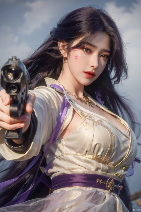  ((4k,masterpiece,best quality)), professional camera, 8k photos, wallpaper, 
purple hair,1girl, solo, long hair, breasts, looking at viewer,  purple eyes, large breasts, purple hair, long sleeves, holding, cleavage, jewelry, closed mouth, upper body, weapon, belt, wide sleeves, grey background, necklace, holding weapon, gun, sash, facial mark, holding gun, handgun, aiming at viewer, meiren-red lips