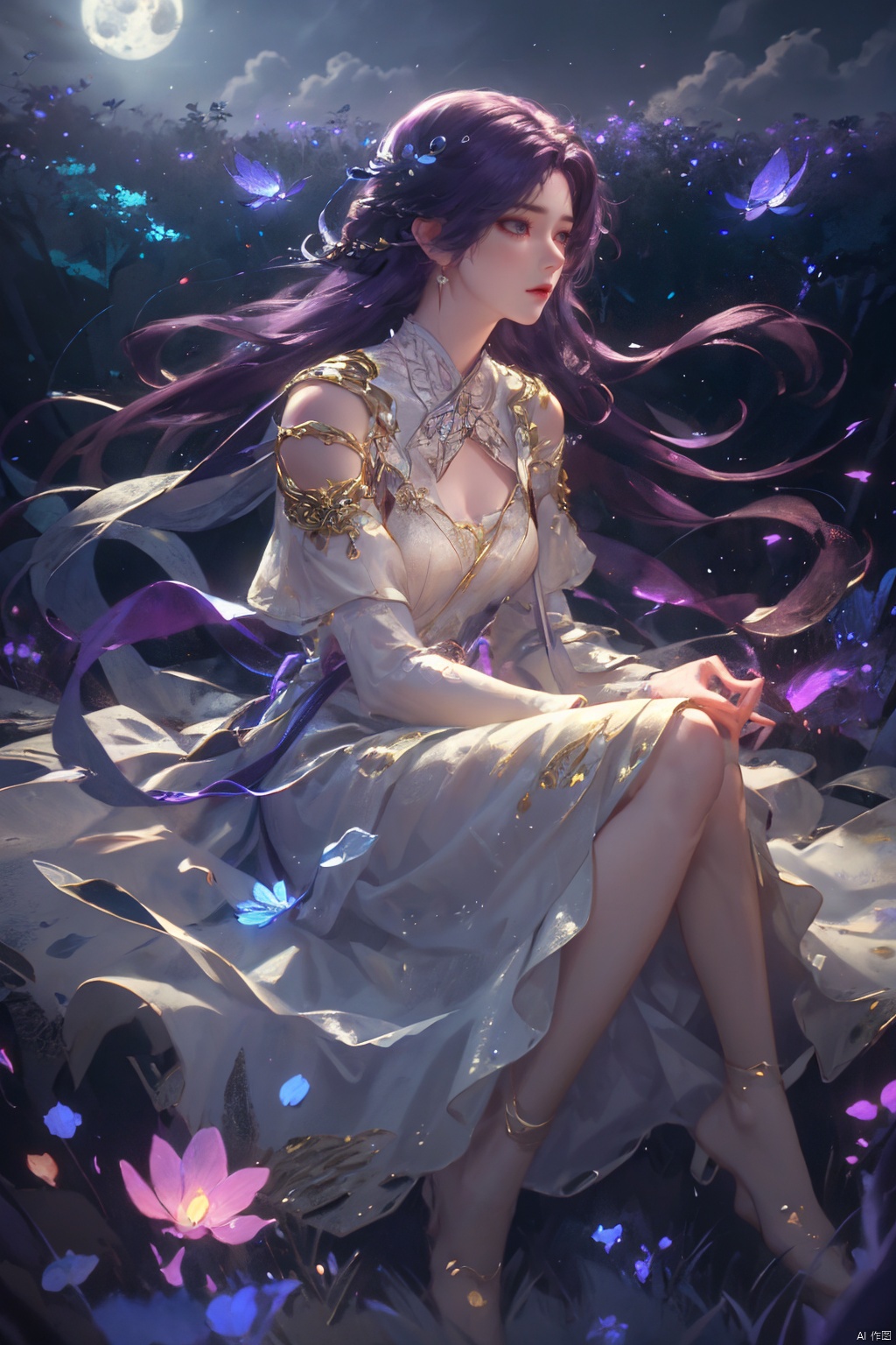  ((4k,masterpiece,best quality)), professional camera, 8k photos, wallpaper
1 girl, solo,purple hair,ethereal fairy, floating on clouds, sparkling gown with iridescent butterfly wings, holding a magic wand, surrounded by dancing fireflies, twilight sky, full moon, mystical forest in the background, glowing mushrooms, enchanted flowers, softly illuminated by bioluminescence, serene expression, delicate features with pointed ears, flowing silver hair adorned with tiny stars, gentle breeze causing her dress and hair to flow ethereally, dreamlike atmosphere, surreal color palette, high dynamic range lighting, intricate details, otherworldly aesthetic.