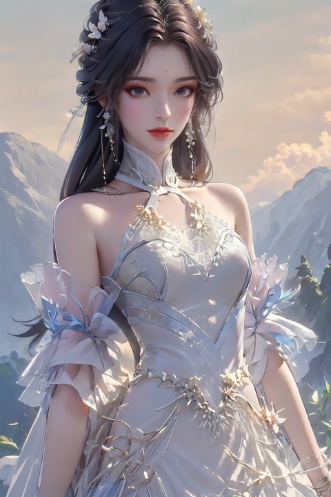  ((4k,masterpiece,best quality)), 
 professional camera, 8k photos, wallpaper,
1 girl ,solo,yuechan ,bare shoulders,jewelry, long hair, black hair, updos, hair accessoriesdress,eyelashes,eyeshadow,(mole:1.2) ,Perfect female figure,
butterfly,Flowers, , tutult, ruhua