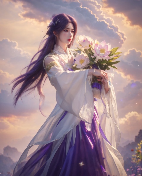  ((4k,masterpiece,best quality)), professional camera, 8k photos, wallpaper,
purple hair,1girl, solo, long hair, hair ornament, long sleeves, dress, holding, purple hair, flower, sky, wide sleeves, sparkle, night, chinese clothes, (Holding a bouquet of flowers:1.2), lotus, ruhua, youcai, meiren-red lips