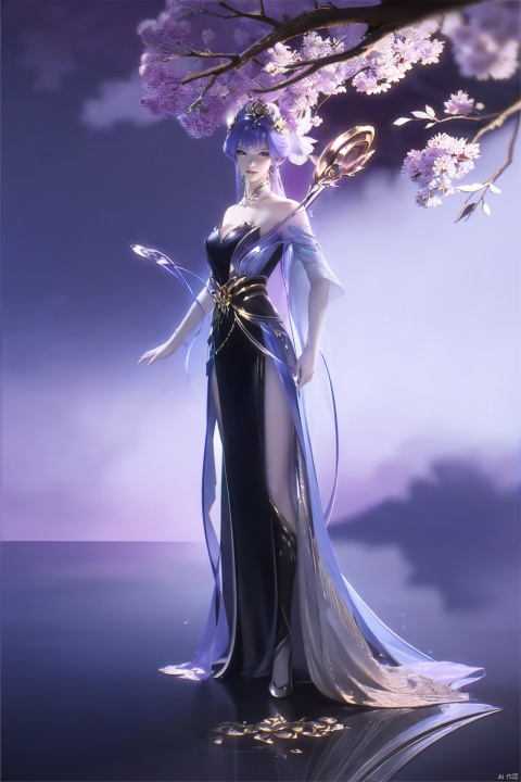 ((4k,masterpiece,best quality)),Realism,photography, Purple hair, 
1girl,stand,portrait,exploring cherry blossom branches,wonderland,light blue ,full body,Perfect female figure,element,moonlight,scarlet_moon,black dress,golden hair stick, tianqiong