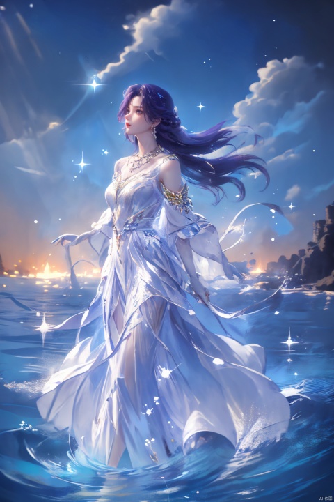  ((4k,masterpiece,best quality)), professional camera, 8k photos, wallpaper
purple hair,1girl, solo, long hair, brown hair, dress, bare shoulders, jewelry, eyes, earrings, outdoors, sky, sparkle_water, necklace, white dress, lips, sparkle, night, floating hair, wind, dress, red lips,
Seaside, sea, blue water, glowing water, rippling water,