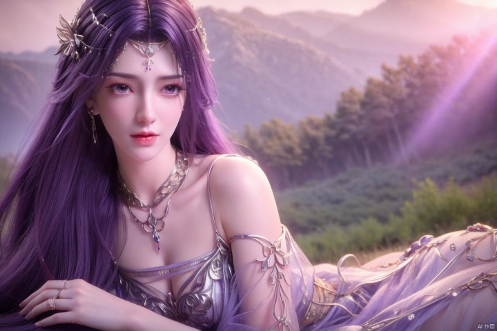 ((4k,masterpiece,best quality)), professional camera, 8k photos, wallpaper,Realistic,
purple hair,hair ornament,[nms_outfit:0.8],
1girl, solo, long hair, looking at viewer, hair ornament, dress, bare shoulders, jewelry, purple eyes, purple hair, earrings, lying, necklace, white dress, expressionless, on stomach, pillar,Meadows, lavender, mountains, trees,