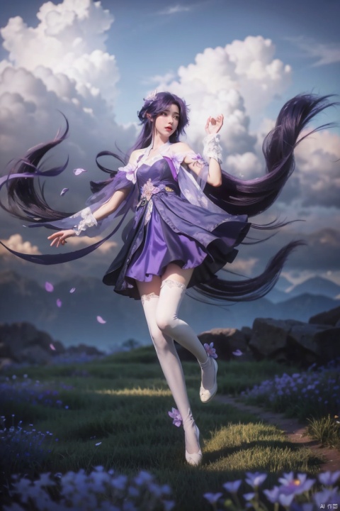  Best quality, masterpieces, surrealism,
1girl, solo, long hair, purple hair, purple hair, hair ornament, thighhighs, dress, full body, flower, (purple dress:1.3), purple hair,Scattered petals,Grass, flowers, grass, standing on the grass, flowers, butterflies, butterflies, blue sky and white clouds, skirts fluttering in the wind,