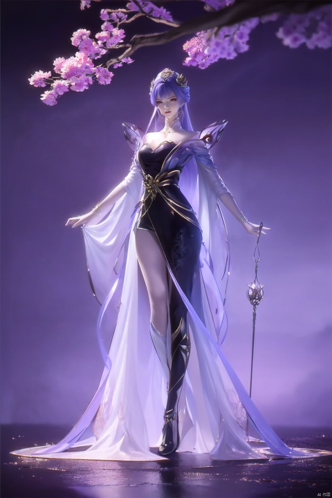 ((4k,masterpiece,best quality)),Realism,photography, Purple hair, 
1girl,stand,portrait,exploring cherry blossom branches,wonderland,light blue ,full body,Perfect female figure,element,moonlight,scarlet_moon,black dress,golden hair stick, tianqiong