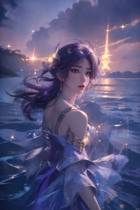  ((4k,masterpiece,best quality)), professional camera, 8k photos, wallpaper,luokeke,
1girl, solo, long hair, black hair, (dress:1.3), bare shoulders, jewelry, eyes, earrings, outdoors, sky, sparkle_water, necklace, dress, lips, sparkle, night, floating hair, wind, red lips,
Seaside, sea, blue water, glowing water, rippling water,, yuechan, purple hair, luokeke