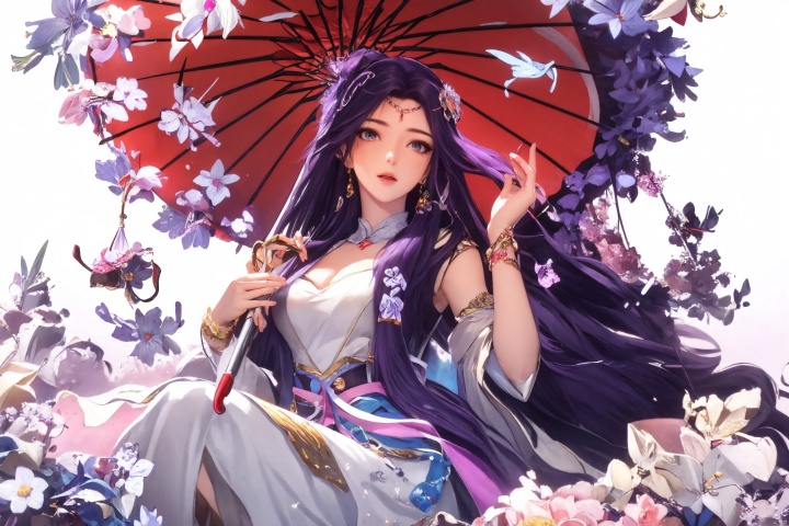 (4k,masterpiece,best quality)), professional camera, 8k photos, wallpaper, purple hair,1girl, solo, long hair, breasts, hair ornament, long sleeves, dress, bare shoulders, jewelry, very long hair, holding, jewelry, sitting, flower, hair, earrings, bracelet, umbrella, holding umbrella, oil-paper umbrella, rainbow,