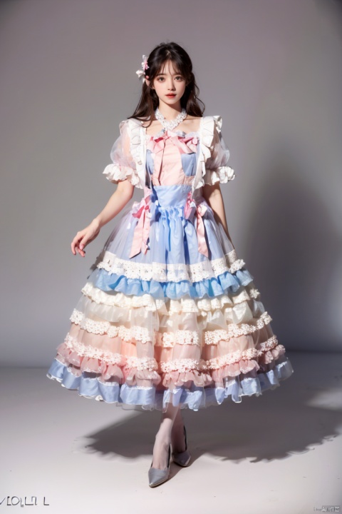  ((4k,masterpiece,best quality)), realistic,
 (loli_dress:1.5),full_body,looking at viewer,frilled dress,pink bow,puffy short sleeves,puffy sleeves,frills,skirt hold,Simple background, gray background
