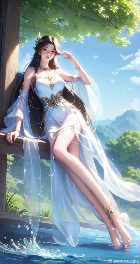 ((4k,masterpiece,best quality)),Realism,photography,
1girl, long hair, water, dress, barefoot, anklet, brown hair, bare legs, jewelry, feet, branch, swing, flower, hair ornament, blue sky, full body, solo, sky, white dress, fish, soles, sitting, splashing, bird, toes, green dress