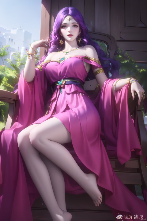 ((4k,masterpiece,best quality)),Realism,photography, Purple hair, 
1girl, solo, long hair, breasts, looking at viewer, dress, bare shoulders, jewelry, sitting, blue hair, earrings, barefoot, necklace, bracelet, pale skin, pink dress, armlet,realistic,,