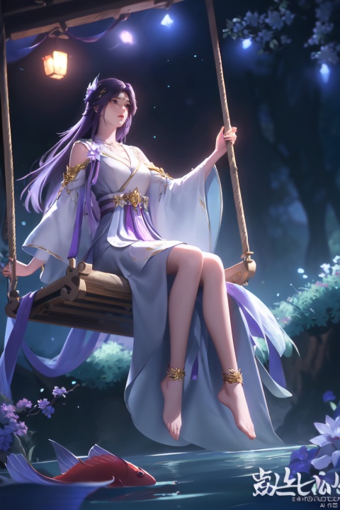 ((4k,masterpiece,best quality)),Realism,photography, 1girl, solo, long hair, Purple hair, ornament, dress, jewelry, sitting, full body, flower, barefoot, water, dress, feet, bare legs, , anklet, branch, swing, koi
