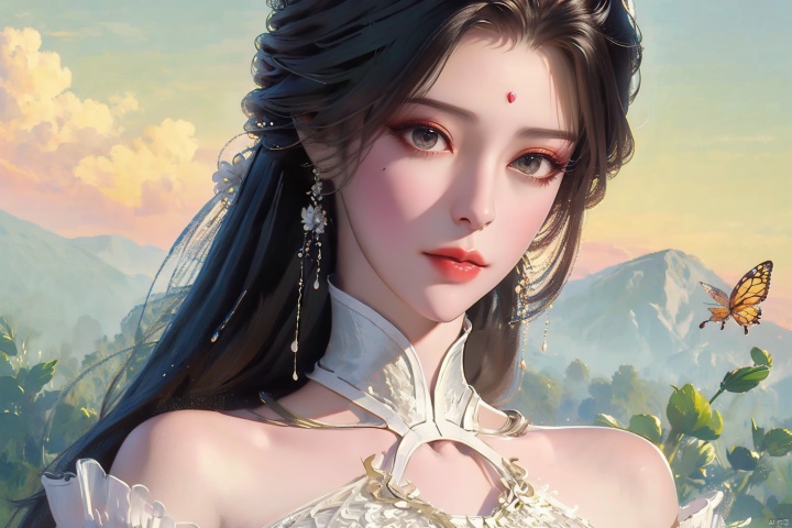  ((4k,masterpiece,best quality)), 
 professional camera, 8k photos, wallpaper,
1 girl ,solo,yuechan ,bare shoulders,jewelry, long hair, black hair, updos, hair accessoriesdress,eyelashes,eyeshadow,(mole:1.2) ,Perfect female figure,
butterfly,Flowers, , tutult