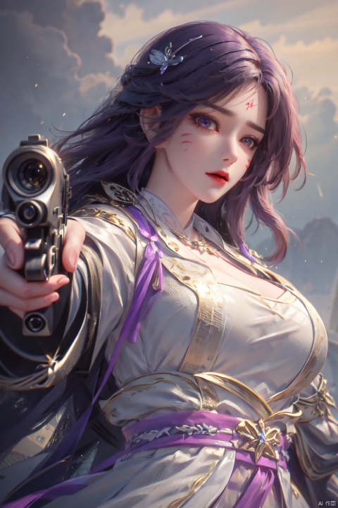  ((4k,masterpiece,best quality)), professional camera, 8k photos, wallpaper, 
purple hair,1girl, solo, long hair, breasts, looking at viewer,  purple eyes, large breasts, purple hair, long sleeves, holding, cleavage, jewelry, closed mouth, upper body, weapon, belt, wide sleeves, grey background, necklace, holding weapon, gun, sash, facial mark, holding gun, handgun, aiming at viewer, meiren-red lips