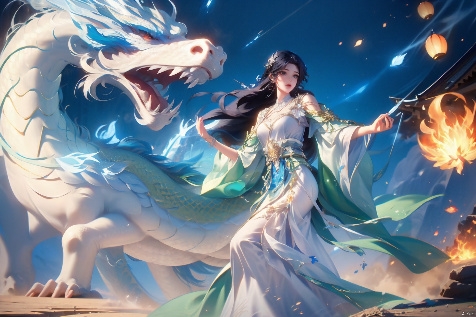  ((4k,masterpiece,best quality)), 
ruomeng135, 1girl, solo,long hair, black hair, dress, dragon, jewelery, Light master, youcai