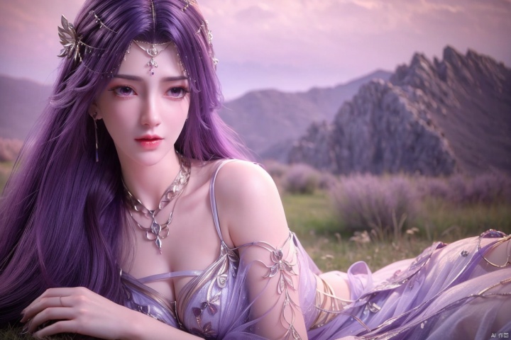 ((4k,masterpiece,best quality)), professional camera, 8k photos, wallpaper,Realistic,
purple hair,hair ornament,[nms_outfit:0.8],
1girl, solo, long hair, looking at viewer, hair ornament, dress, bare shoulders, jewelry, purple eyes, purple hair, earrings, lying, necklace, white dress, expressionless, on stomach, pillar,Meadows, lavender, mountains, trees,