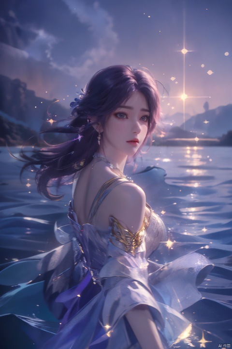  ((4k,masterpiece,best quality)), professional camera, 8k photos, wallpaper,luokeke,
1girl, solo, long hair, black hair, (dress:1.3), bare shoulders, jewelry, eyes, earrings, outdoors, sky, sparkle_water, necklace, dress, lips, sparkle, night, floating hair, wind, red lips,
Seaside, sea, blue water, glowing water, rippling water,, yuechan, purple hair, luokeke