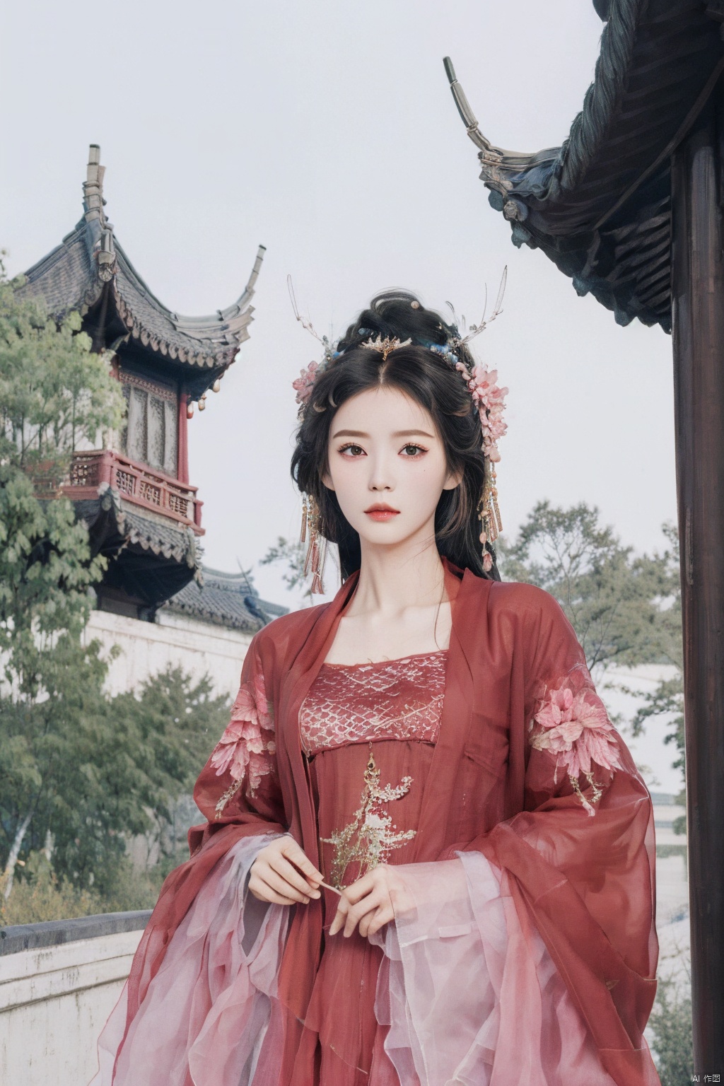  best quality,masterpiece,realistic,hair ornament,1girl,solo,black hair,long hair,mountain,cloud,(flower:1.2),upper body,wind,hanfu , hair ornament , chinese clothes,leaf,head hold, east_asian_architecture,bridge,stone,water, east_asian_architecture