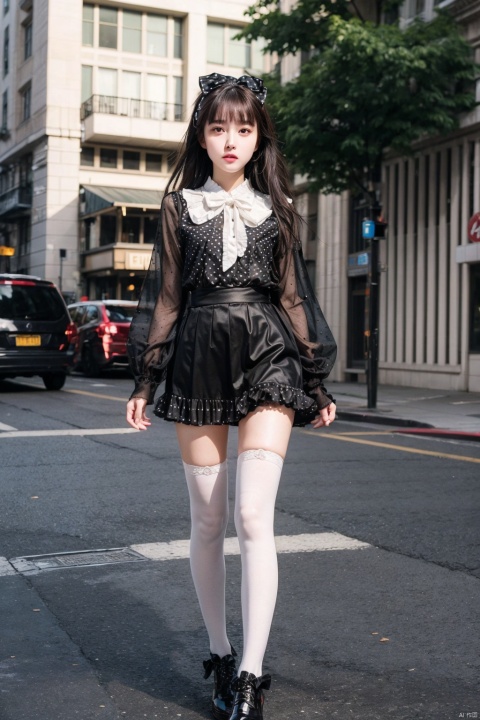 1girl, solo, long hair, looking at viewer, bangs, skirt, brown hair, thighhighs, bow, holding, jewelry, standing,cowboy_shot, frills, socks, blunt bangs, black footwear, kneehighs, black bow, polka dot, crossdressing, lolita fashion, photo background, reference inset, photo inset,