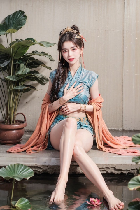  1girl, solo,smile, bangs, closed mouth, blush, (portrait), plant, day, yue ,hair ornament , hanfu,jewelry,(bare_foot),bracelet,bangle,hand on own stomach,hair bun,flower,petals,stone,lotus,lily pad,sitting on cattail hassock,rush cushion,water, east_asian_architecture