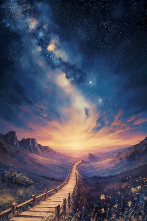  illustration, ((close)),The back of a girl, a path to dreams, beauty,\
(Van Gogh's starry night\), dreams, health, art, illustrations,Create a dreamlike starry background, warm and beautiful, abstract and realistic, an extremely delicate and beautiful,extremely detailed,8k wallpaper,Amazing,finely detail,best quality,official art,extremely detailed, CG, unity, 8k, wallpaper , Children's Illustration Style, Scribble, flat, midjourney