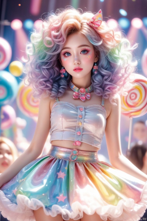  1 girl, alone, best quality, masterpiece , Hoshino Ruby, hair accessories, sparkling eyes, eyes with stars, (There is a star in the right eye:1), (skirt:1.4), (Concert 1), on stage,
,candy, makeup, multicolored hair,lollipop,