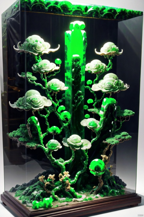  masterpiece,best quality,realistic,Highly detailed,(panorama),(wide shot),((museum)),displaycase,tree,flower,mountain,east asian architecture,pine tree, jade , jade sculpture , green gemstone,porcelain,(made of jade:1.5)