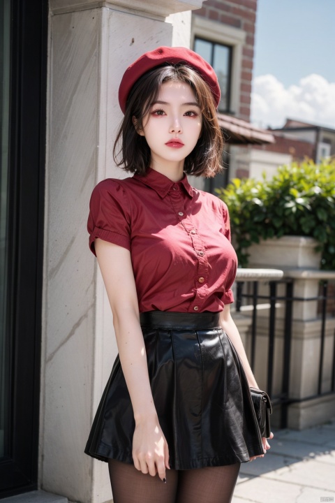 1girl, solo, looking at viewer, short hair, skirt, brown hair, black hair, hair ornament, hat, brown eyes, pantyhose, outdoors, day, black skirt, blurry, cosplay, beret, red shirt, red headwear, red nails, realistic,cowboy_shot