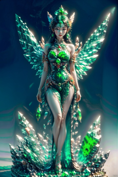 1girl, dance, Fairy, crystal, jewels,black, wings,Crystal clear,All the Colours of the Rainbow, jade , jade sculpture , green gemstone, , crystal_dress , crystal , wings ,, Light master,upper_body