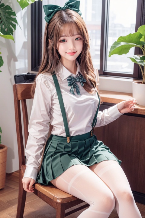  1girl, solo, pantyhose, green eyes, white pantyhose, center frills, long hair, long sleeves, frills, bow, no shoes, sitting, shirt, hair between eyes, skirt, white shirt, smile, chair, bangs, hair bow, looking at viewer, very long hair, closed mouth, blush, frilled skirt, on chair, sleeves past wrists, full body, indoors, black skirt, suspender skirt, green theme, green bow, white bow, feet, plant, white hair, puffy long sleeves, day, suspenders,pantyhose, backlight, 