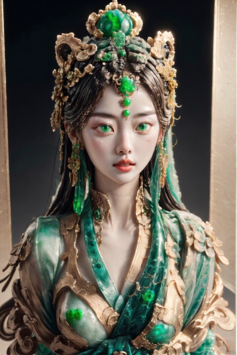 ((1girl)),exquisite face,upper body,jade,jade sculpture,greengemstone, yue , hair ornament , hanfu