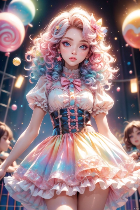  1 girl, alone, best quality, masterpiece , Hoshino Ruby, hair accessories, sparkling eyes, eyes with stars, (There is a star in the right eye:1), (skirt:1.4), (Concert 1), on stage,
,candy, makeup, multicolored hair,lollipop,