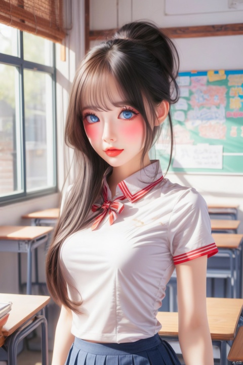  Ultra-realistic 8k CG,masterpiece,best quality,(photorealistic:1.4),HDR,absurdres,Professional,RAW photo,lens flare,(film grain:1.1),Bokeh,((Depth of field)),studio light,1girl,blue eyes,exquisite face,bangs,solo,best ratio four fingers and one thumb,portrait,upper body,Highly detailed,Professional,extreme detail description,looking at viewer,early morning serenity,standing,school_uniform,serafuku,microskirt,miniskirt,classroom,ponytail