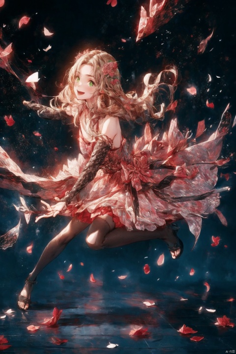  1girl, aerith_gainsborough, brown_hair, cherry_blossoms, confetti, falling_petals, floral_print, flower, green_eyes, hair_flower, hair_ornament, interlocked_fingers, jewelry, kimono, long_hair, looking_at_viewer, open_mouth, own_hands_together, petals, pink_dress, rose_petals, sandals, smile, solo, very_long_hair, backlight, colors, white pantyhose, (\fan hua\), dress, detached sleeves, thighhighs