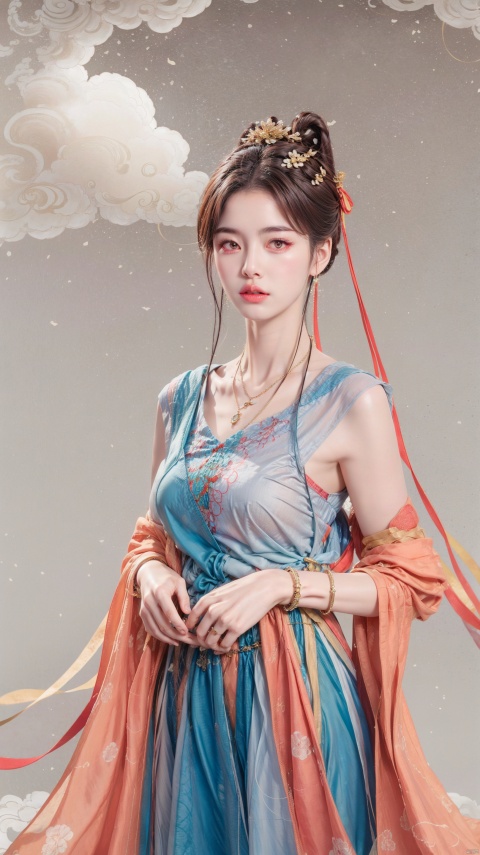  masterpiece, best quality, realistic, Highly detailed, (simple background),yue,1girl, solo, hair ornament, dress, jewelry, necklace, hair bun, bracelet, hanfu,brown hair, black hair, hair ornament, dress, jewelry, (upper body), necklace, hair bun, bracelet, chinese clothes,cloud background,flower background