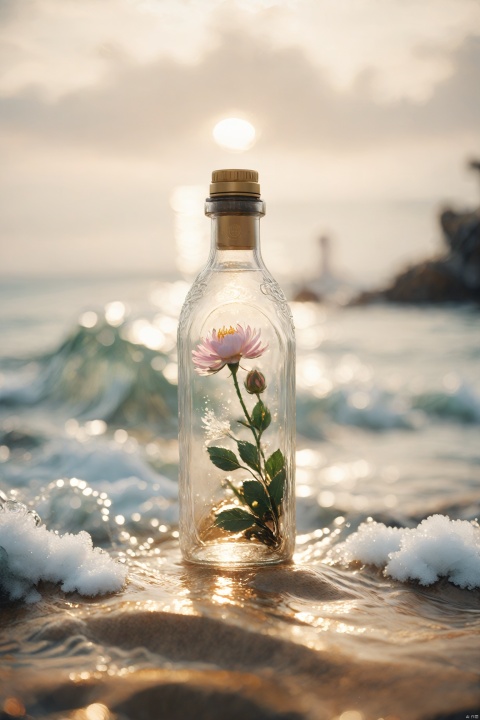 sharp focus,cinematic lighting,octane render,unreal engine,volumetrics dtx,(film grain, bokeh, blurry foreground, blurry background),
bottle,close-up,flower,blurry foreground,water,waves,sunlight,snow,
