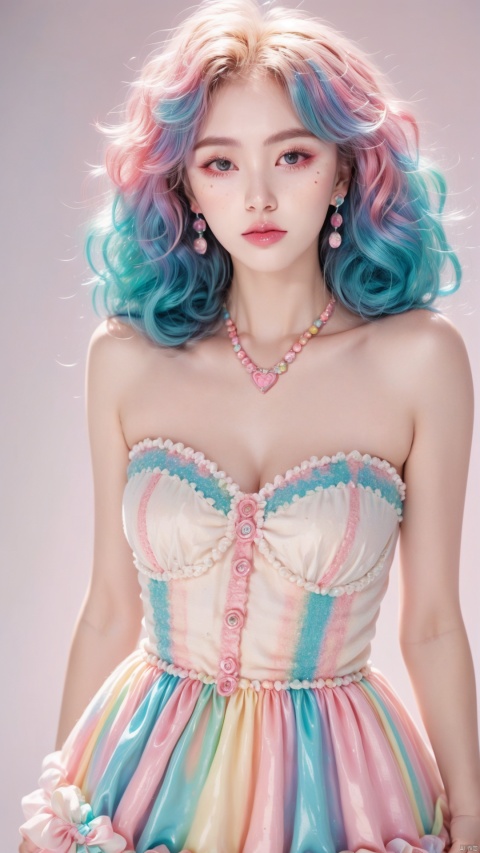  1girl, solo, long hair, looking at viewer, blue eyes, hair ornament, dress, bow, bare shoulders, jewelry, blue hair, (upper body:1.3), pink hair, heart, multicolored hair, earrings, parted lips, artist name, necklace, lips, wavy hair, pink dress, freckles, curly hair, pearl necklace,candy, makeup, multicolored hair,lollipop,simple background,(white background:1.5), cute girl