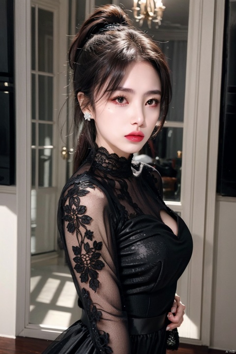  1girl, solo, long hair, looking at viewer, black hair, long sleeves, dress, jewelry, closed mouth, standing, ponytail, cowboy shot, earrings, black dress, lips, makeup, lipstick, red lips,lace,