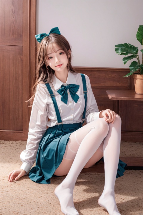  1girl, solo, pantyhose, green eyes, white pantyhose, center frills, long hair, long sleeves, frills, bow, no shoes, sitting, shirt, hair between eyes, skirt, white shirt, smile, chair, bangs, hair bow, looking at viewer, very long hair, closed mouth, blush, frilled skirt, on chair, sleeves past wrists, full body, indoors, black skirt, suspender skirt, green theme, green bow, white bow, feet, plant, white hair, puffy long sleeves, day, suspenders,pantyhose, backlight, 