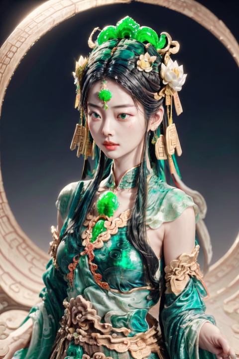  1girl,upper body,(chinese clothes:1.3),collar,jade,jade statue,porcelain,colored skin,tree,flower,lotus,lotusleaf,,,hanfu,,light transmission,refraction,fresnel, jade , jade sculpture , green gemstone, yue , hair ornament , hanfu