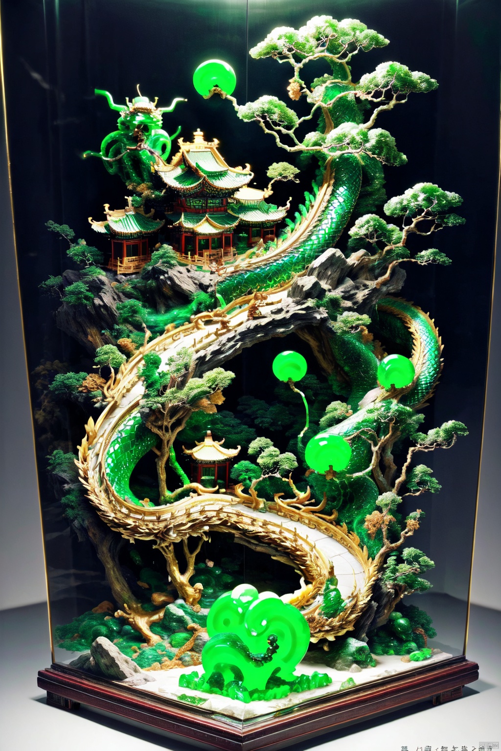  masterpiece,best quality,realistic,Highly detailed,(panorama),(wide shot),((museum)),displaycase,tree,flower,mountain,east asian architecture,pine tree, jade , jade sculpture , green gemstone,porcelain,(made of jade:1.5),(eastern dragon:1.3),dragon