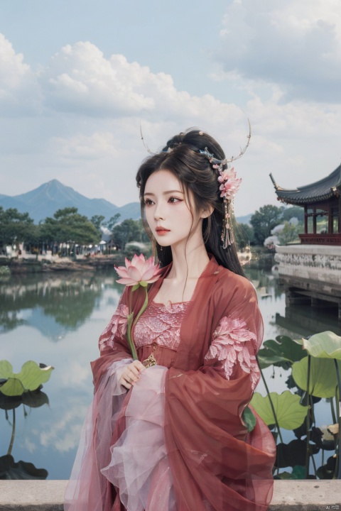  best quality,masterpiece,realistic,hair ornament,1girl,solo,black hair,long hair,mountain,cloud,(flower:1.2),upper body,wind,hanfu , hair ornament , chinese clothes,leaf,head hold, east_asian_architecture,bridge,stone,water, east_asian_architecture,from above,lotus,lily pad